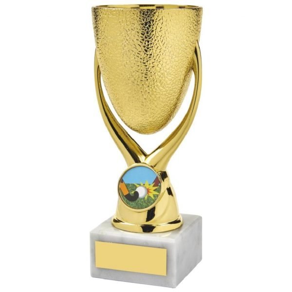 a gold coloured hard plastic composite mini riser bowl. All connected to a white piece of marble